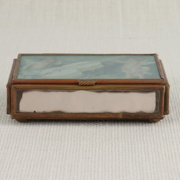 Vintage Cupid Angel Glass Brass Jewelry Trinket Box - Picture 4 of 7